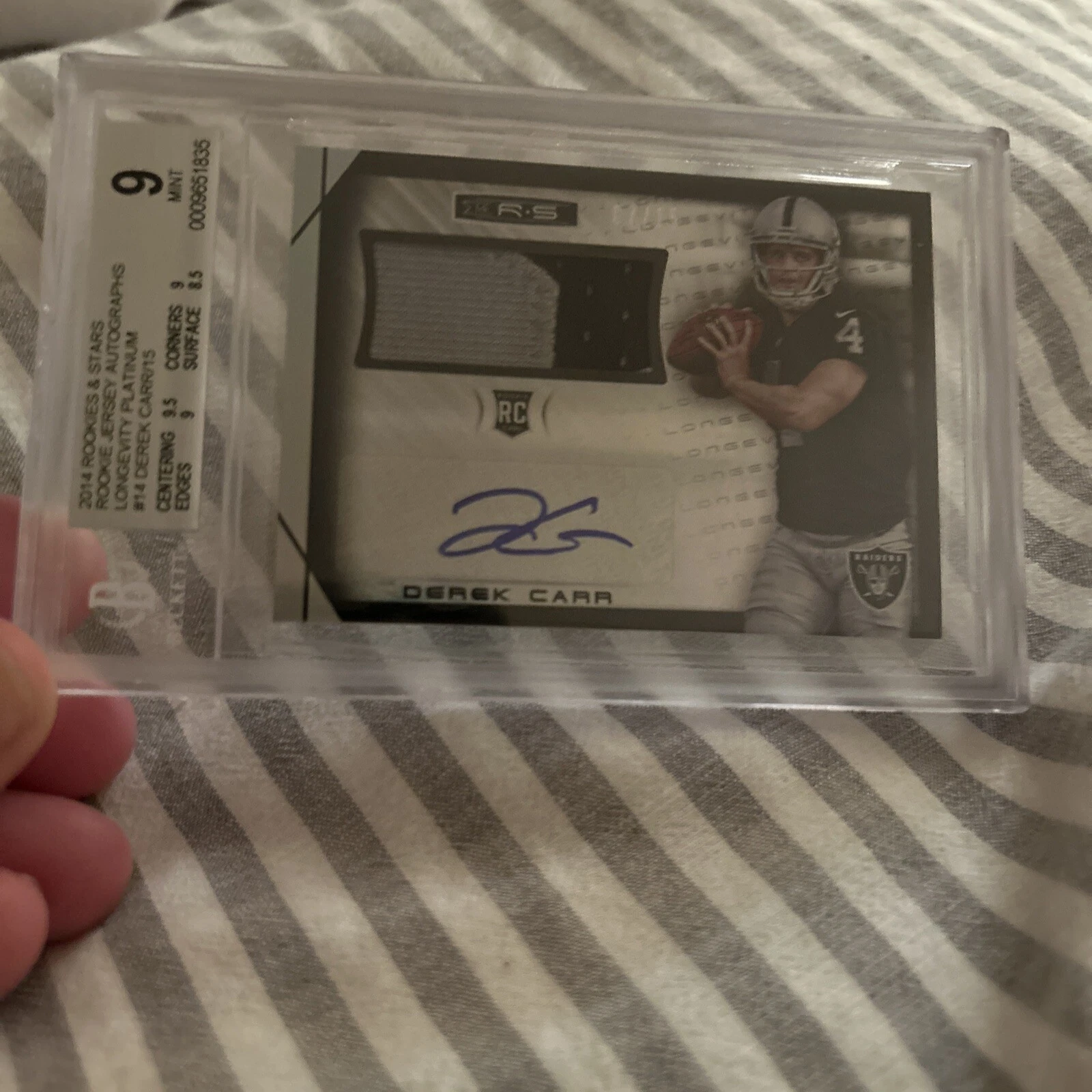 Derek Carr Panini Rookies & Stars Rookie Materials Signatures #RMDC Longevity Platinum