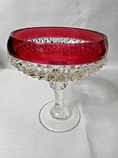 Indiana Glass Diamond Point Tall Candy Dish Ruby Band #0203 Footed Pedestal  