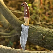 Damascus Fixed Blade Bowie Knife Outdoor Camping Hunting - Bone Wood Handle