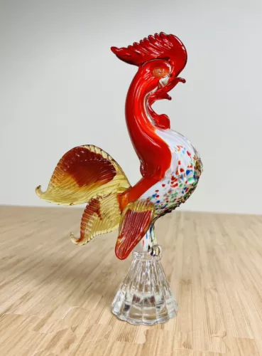 Hand Made Art Glass Murano ? RARE Red Rooster Figurine Colorful Gilded Confetti