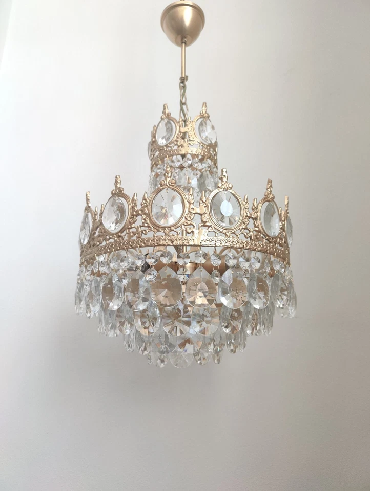 Lámpara de araña de cristal antigua vintage de latón LED cesta techo Foto 3 de 4