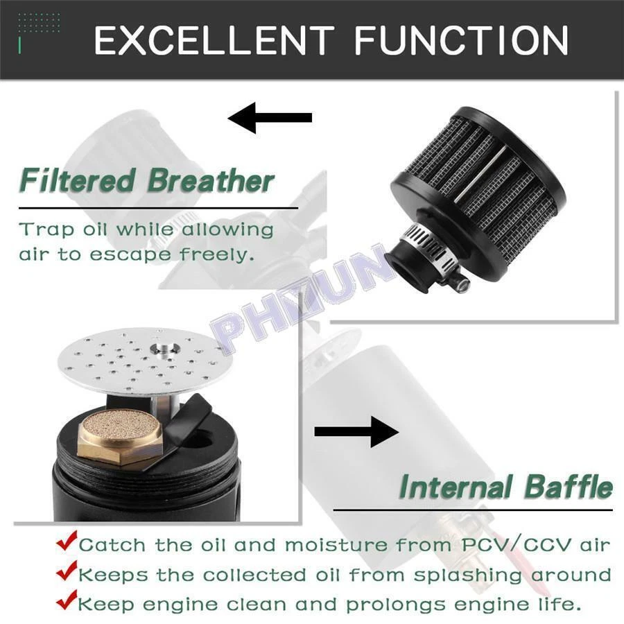 3-Port Oil Reservoir Catch Can Tank with Drain Valve & Breather Filter Universal - image 3 of 4