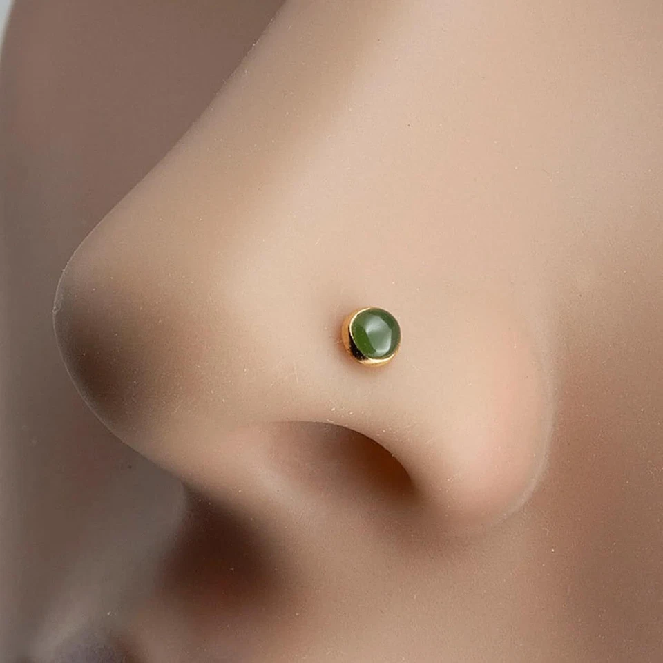 Tornillo nasal nariz relleno de oro 14K piedra jade verde 18-20 GA de 3 mm Foto 3 de 4