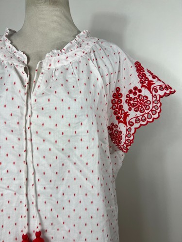 Talbots XL Shirt Oberteil weiß rot gepunktet V-Ausschnitt Ösen Kurzarm Damen Y2 - Bild 3 von 6