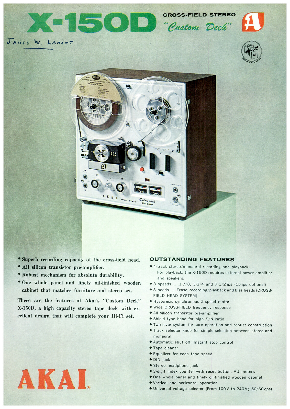 Akai X-150D Reel to Reel Dealer Data / Spec Sheet Brochure  *Original*