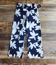 NEW Boston Proper Beyond Travel Floral Jersey Wide Leg Pant Elastic Waist Blue S