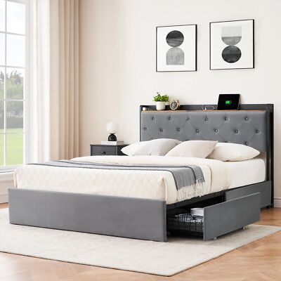 Queen Size Platform Bed Frame w/ 4 Storage Drawers & USB Ports Charging Station