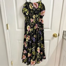 Express Midi Dress XS Floral Empire Waist Crinkle Black Garden Whimsical