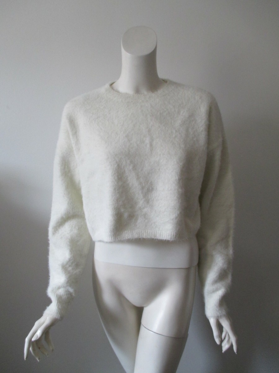 Bardot Off White Ivory Crew Neck Hairy Texture Long Sleeve Cropped