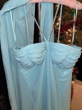 SCALA Baby Blue Sheer Lined Rhinestone Neck Gown Formal Size 14 Matching Wrap