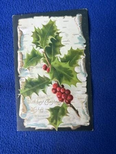 OLD antique POSTCARD merry christmas WISHES berry HOLLY leaves