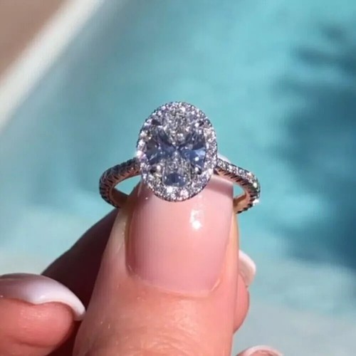 2.35 TCW Oval Cut Moissanite Women's Halo Engagement Ring 14k White Gold Plated - Picture 3 of 11