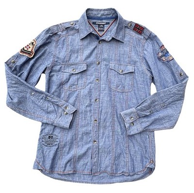 Men Nangaparbat Shirt Size L 16/16.5 Blue Chambray Cotton Long Sleeve Outdoor A4