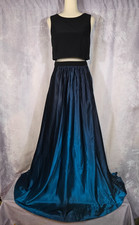 BETSY ADAM Sleeveless Black Top Sheer Midriff Teal Ombre Satin Skirt Gown 8