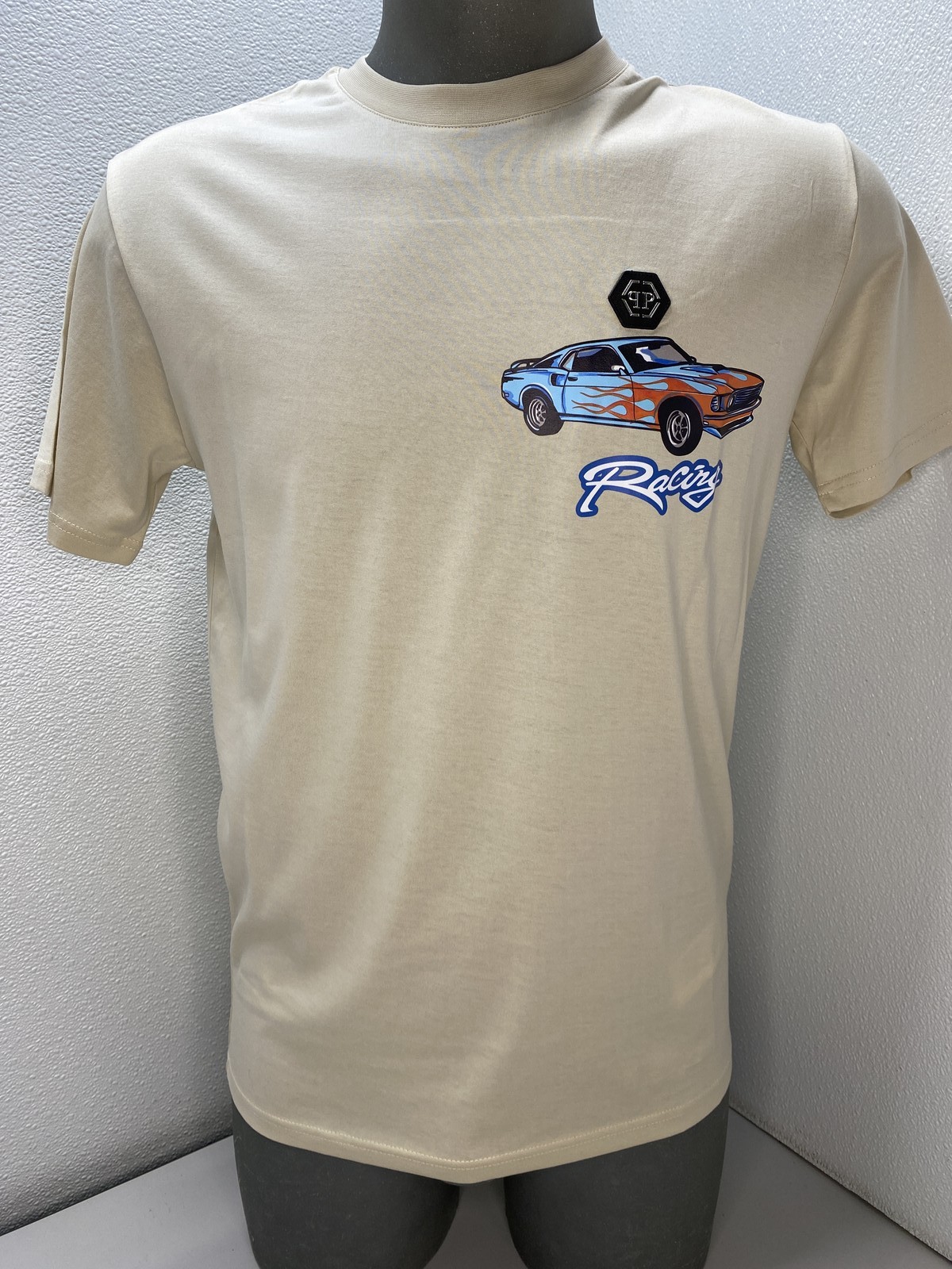 Philipp Plein Mens T-Shirt Beige Size S Cars Racing Jersey Round Neck Cotton