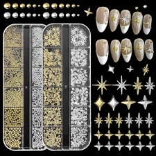 2 Boxes Gold Star Nail Gems Charms, Metal Starshine Studs, Silver Golden Micro C