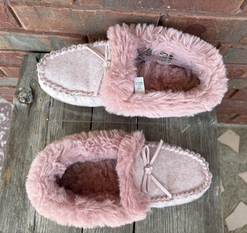 J Crew Factory heathered slippers pink cloud moccasin slippers Women’s Sz 7 Bow - Picture 2 of 12