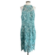 Eliza J Women's Cocktail Dress Size 8 Teal Blue Floral Lace Backless Midi Sheath