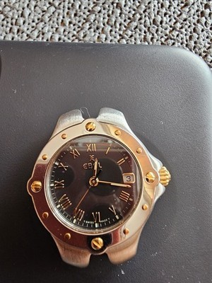 EBEL Sportwave Damen Uhr Stahl/Gold 28mm Gold Quarz Armbanduhr E116 Batterie Neu