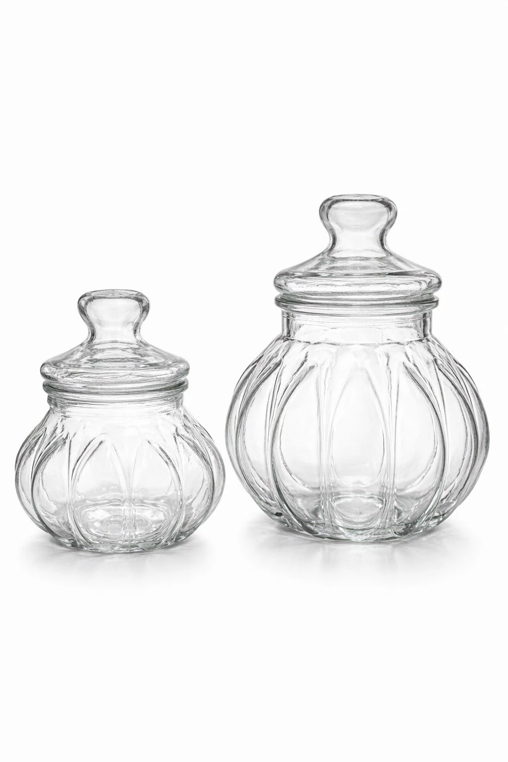 Large Ribbed Glass Apothecary Candy Jars Set Pumpkin Lidded Kitchen Storage