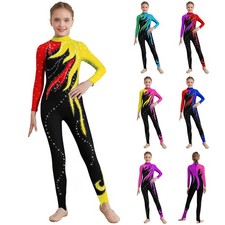Girl Skating Jumpsuit Color Block Gymnastics Leotard Bodysuit Shiny Body Unitard