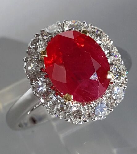 Oval Burma Ruby & Diamond Halo Ring 4.12 ct 18k White Gold - Picture 4 of 12