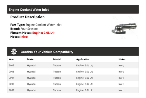 For 2005-2009 Hyundai Tucson 2.0L L4 Engine Coolant Water Inlet 4 Seasons 2006 - Picture 2 of 9