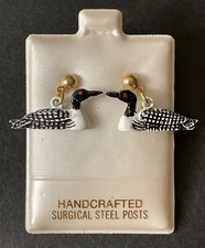 LOON BIRD EARRING PAIR Stud Dangle Gold Tone Handcrafted Surgical Steel NOS NOC
