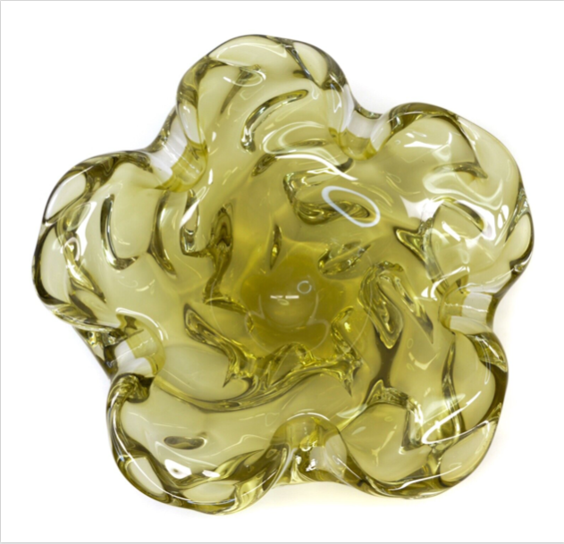 Vintage Olive Green Art Glass Folded Edge Candy Dish Large Bowl Thick