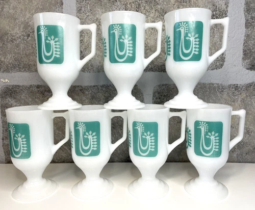 VTG Federal Milk Glass Coffee Mugs Set of 7 Turquoise Rooster MCM Retro