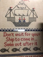 Antique Wood Picture Frame Vintage Dont Wait For Your Ship Cross Stitch