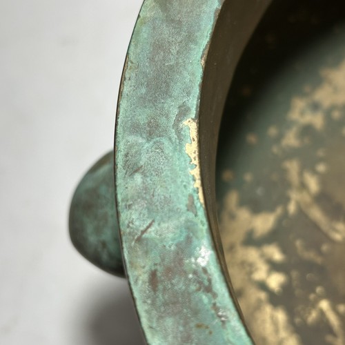 Vintage Solid Brass Planter 2 Handles Verdigris Cauldron Situla Censer Rustic - Picture 10 of 19