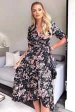 AX PARIS Black Pink Floral Print Puff Sleeve Wrap Midi Dress size 12 Occassion