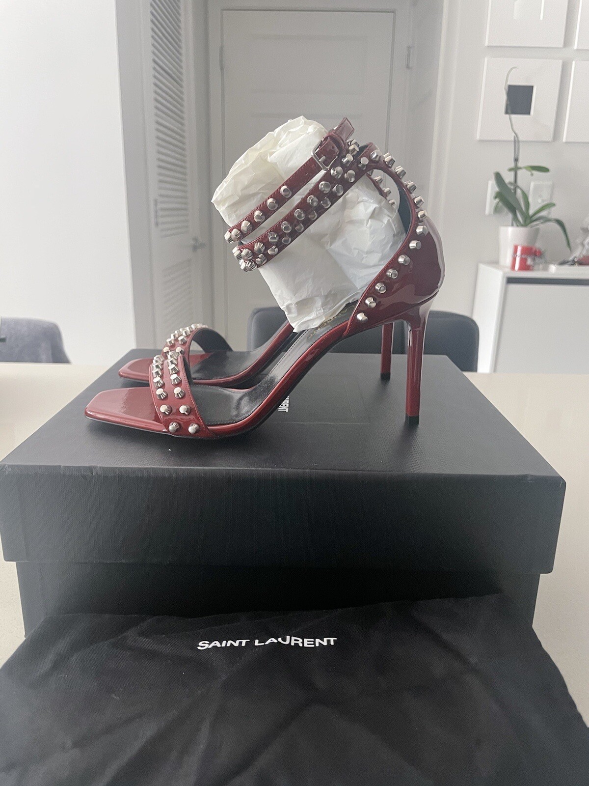 NEW Saint Laurent Red Patent Leather Amber Sandals Size 37