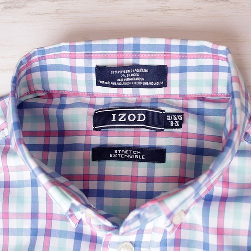 IZOD Boys Dress Shirt Short Sleeve Size XL 18/20 Pink & Blue Plaid Stretch - Picture 4 of 7