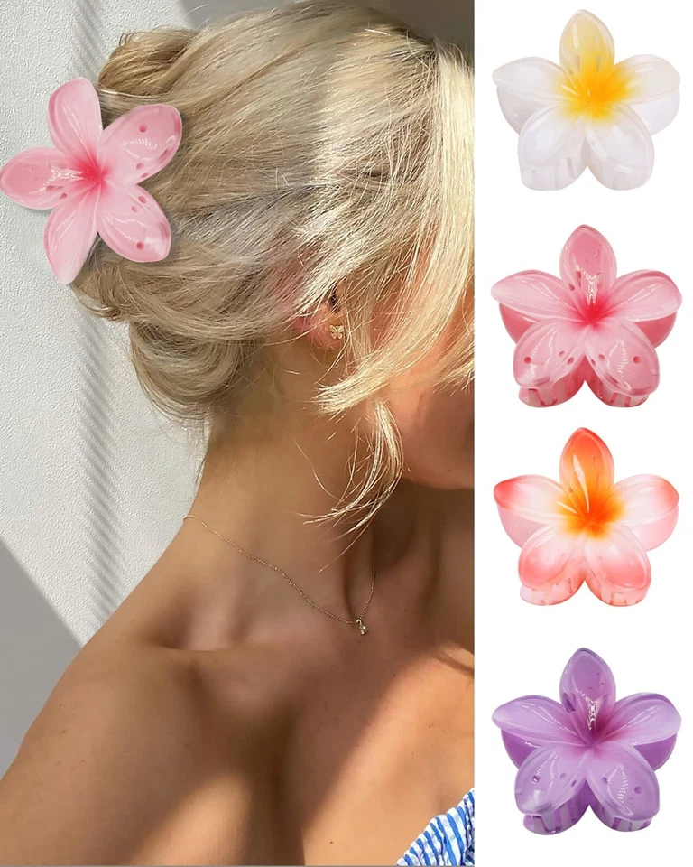 Garras para el cabello estilo hawaiano de verano Plumeria - Paquete de 6 pinzas para el cabello coloridas con flores Foto 4 de 4