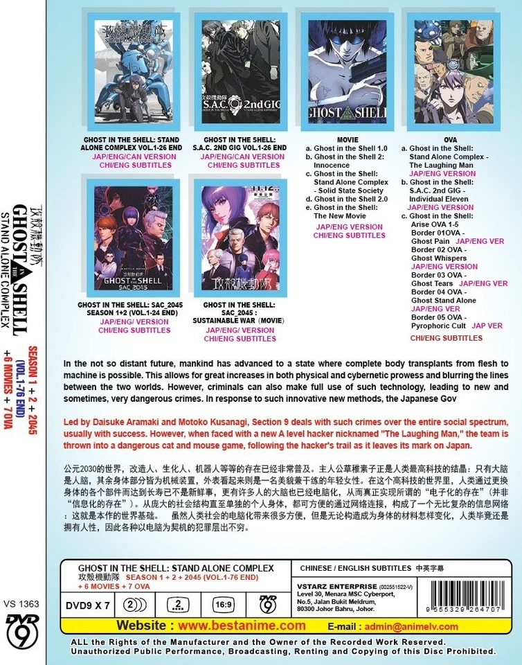 GHOST IN THE SHELL:STAND ALONE COMPLEX SEA1+2+2045(VOL.1-76END)+6MOVIE+7OVA DVD - Image 2 of 3