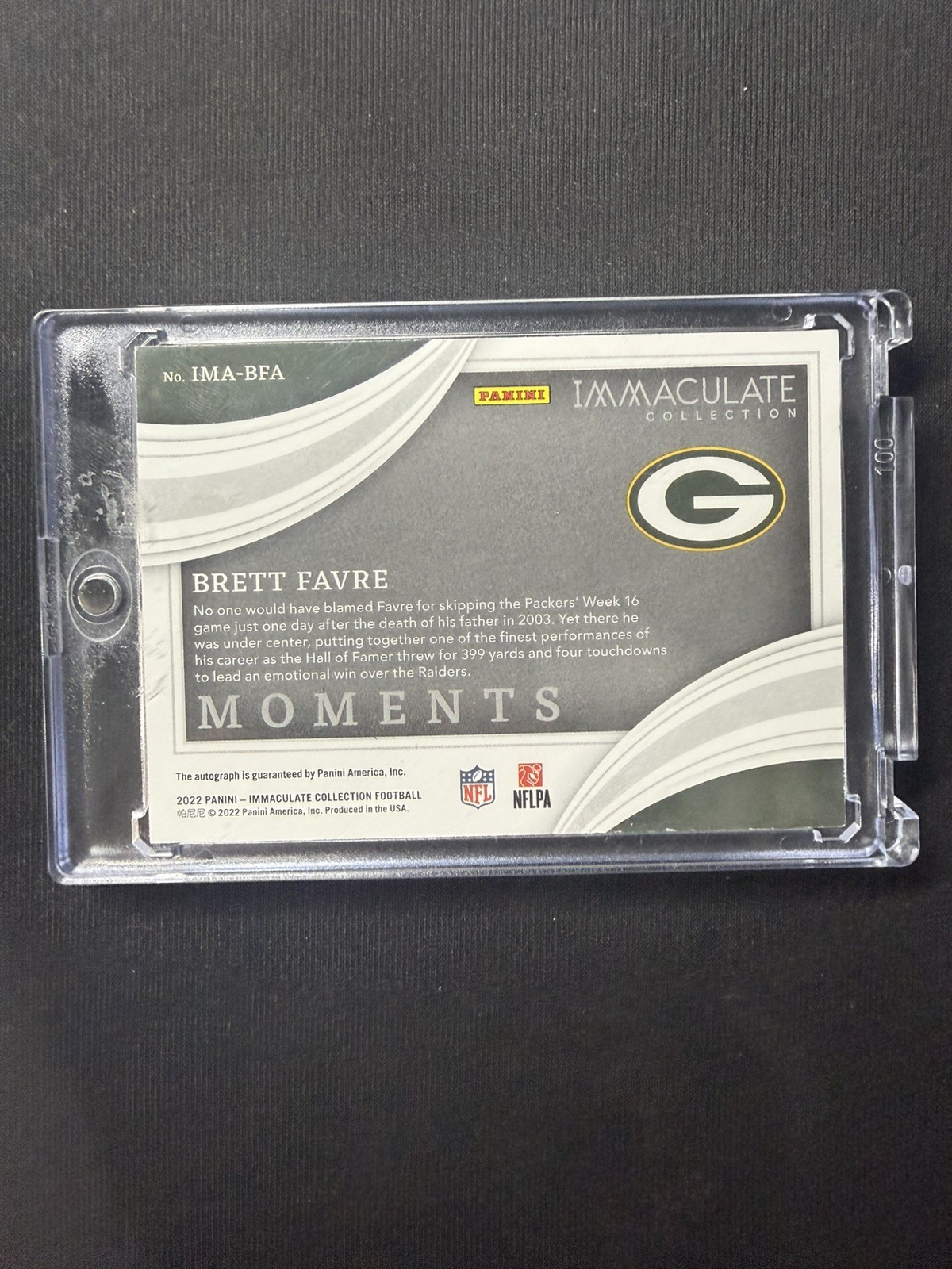 2022 immaculate Brett Favre /15 OnCard Auto Moments 399/4 Day After Dad Died view 2
