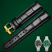 20mm Black Leather Strap + Gold Buckle Replacement Strap Suitable Rolex Watches