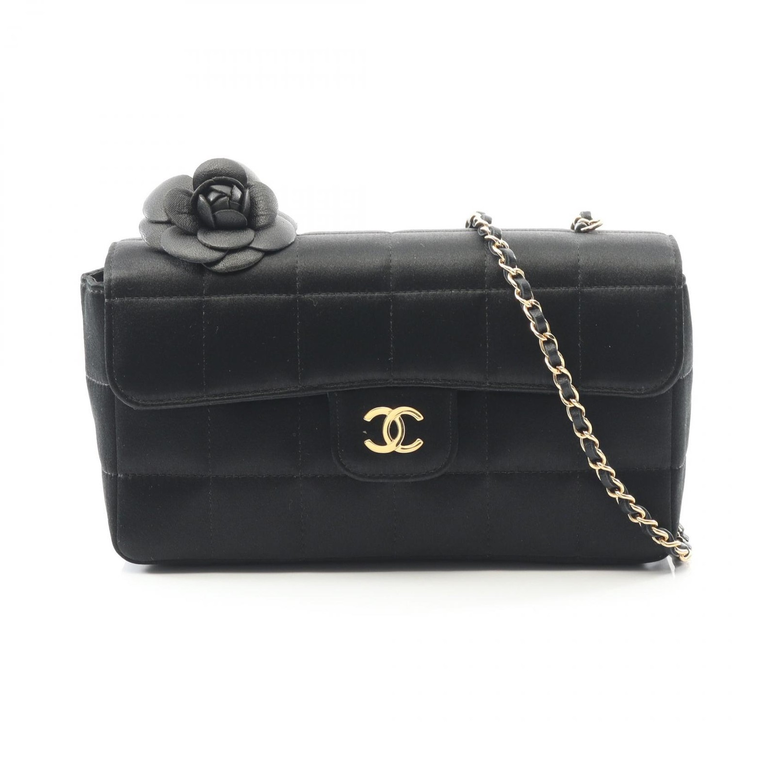 CHANEL Chocolate Bar Camelia chain Shoulder crossbody Bag Fabric Black Used GHW