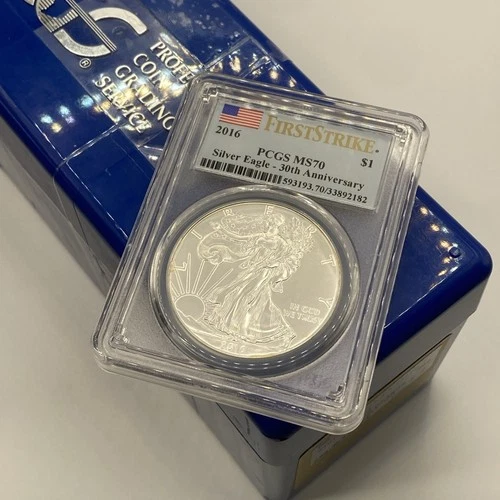 2016 Ms70 Silver Eagle PCGS 1oz Fine First Strike 30th Anniv Spots Toned