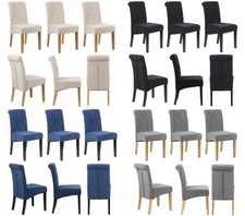 Image of set of 6 Velvet Dining Chairs Button detail Scroll top Beige Grey Blue Back