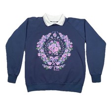 VTG Morning Sun Sweatshirt Womens L Blue Navy Collared Floral Grandmacore USA