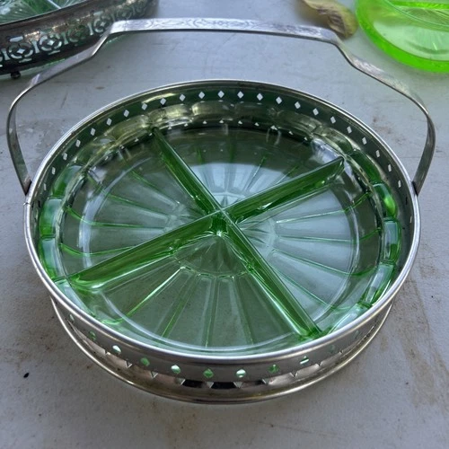 Vtg Divided Relish Dish Caddy Carrier Depression Vaseline Uranium Glass 30s