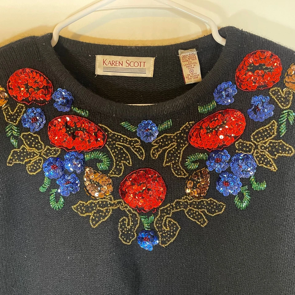 Suéter Karen Scott II Vintage Bling Talla Med Mezcla Seda Angora Lentejuelas Floral Foto 3 de 4