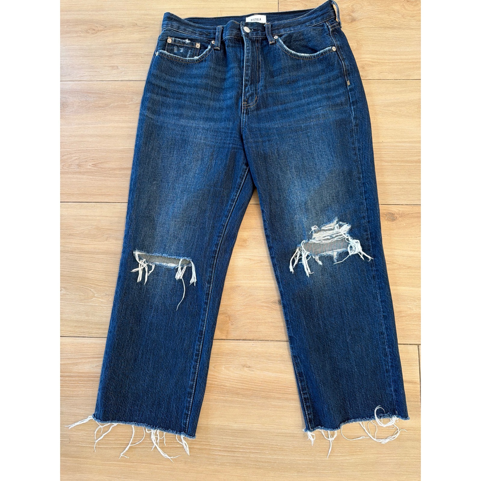 Pistola High Rise Distressed Straight Leg Jeans Size 30 Medium Wash Raw Hem