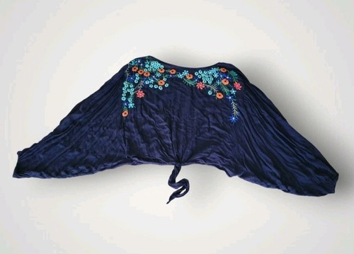 Free People Floral Embroidered Peasant Top Tie Bat Wing Sleeve Boho Chic Cropped - Picture 7 of 12