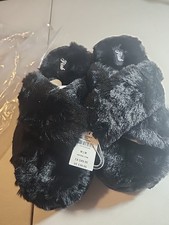 PINK Victoria Secret Slippers Womens Size Medi Black Fuzzy Crossband Slide NWOTS