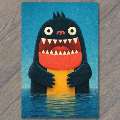 STICKER Cute Funny Cartoon Monster Creature Big Mouth Sharp Teeth Water Blue