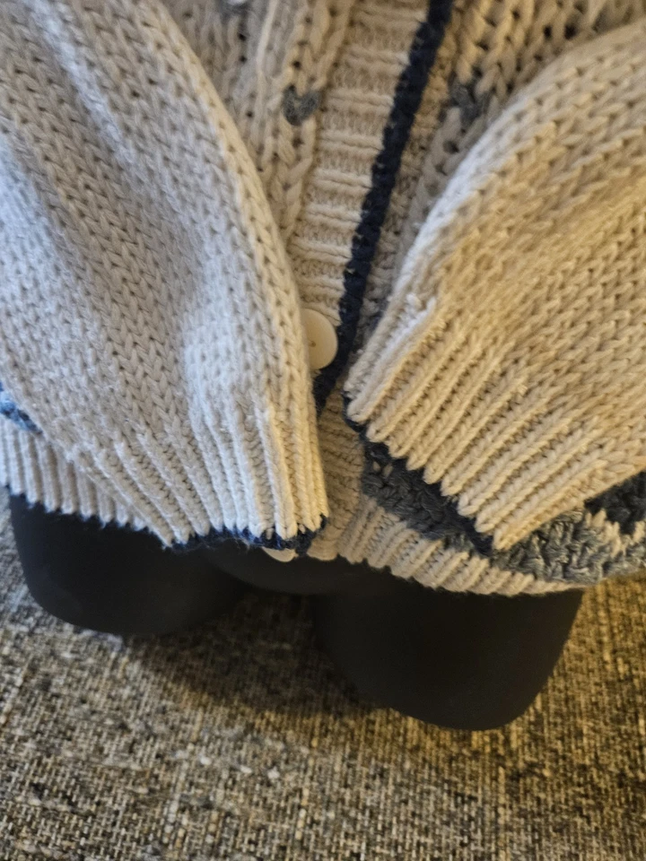 Cárdigan Suéter Western Vintage Años 80 L Azul Crema Flecos Tejido a Mano Abotonado Foto 4 de 4